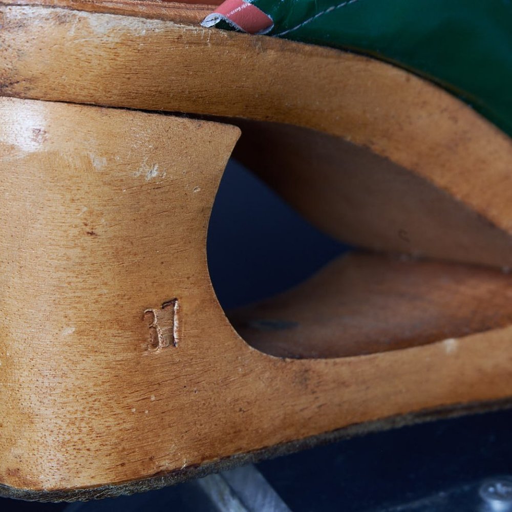 1970s Platform Green Stitched Heels Mules Shoes